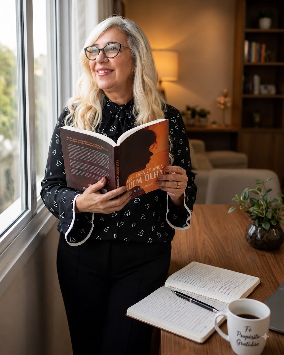 Gizelda Gimenes junto à janela, lendo um exemplar do próprio livro